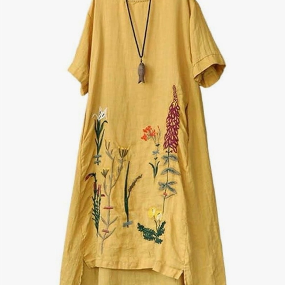 Women’s Minibee Mustard Yellow Linen Floral Embroidered Dress/Tunic - Picture 3 of 8